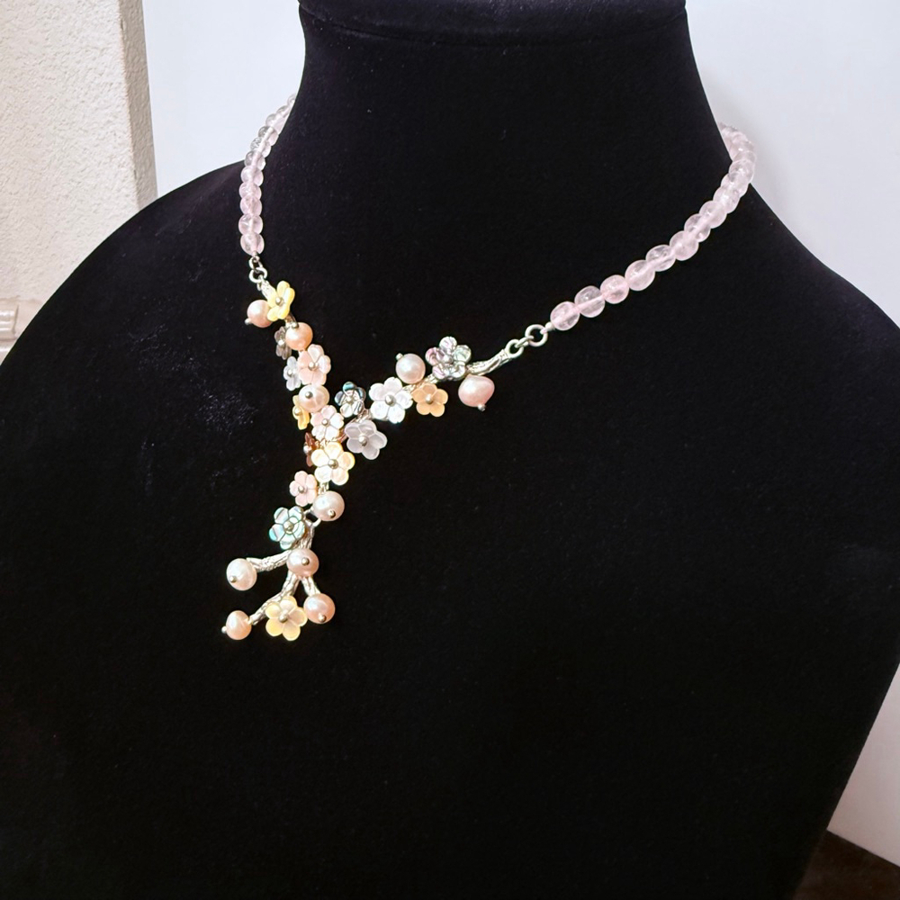 Whitney Kelly Rose Quartz MOP Pearl Mosaic Flower Sterling Silver 925 Necklace - Picture 3 of 12